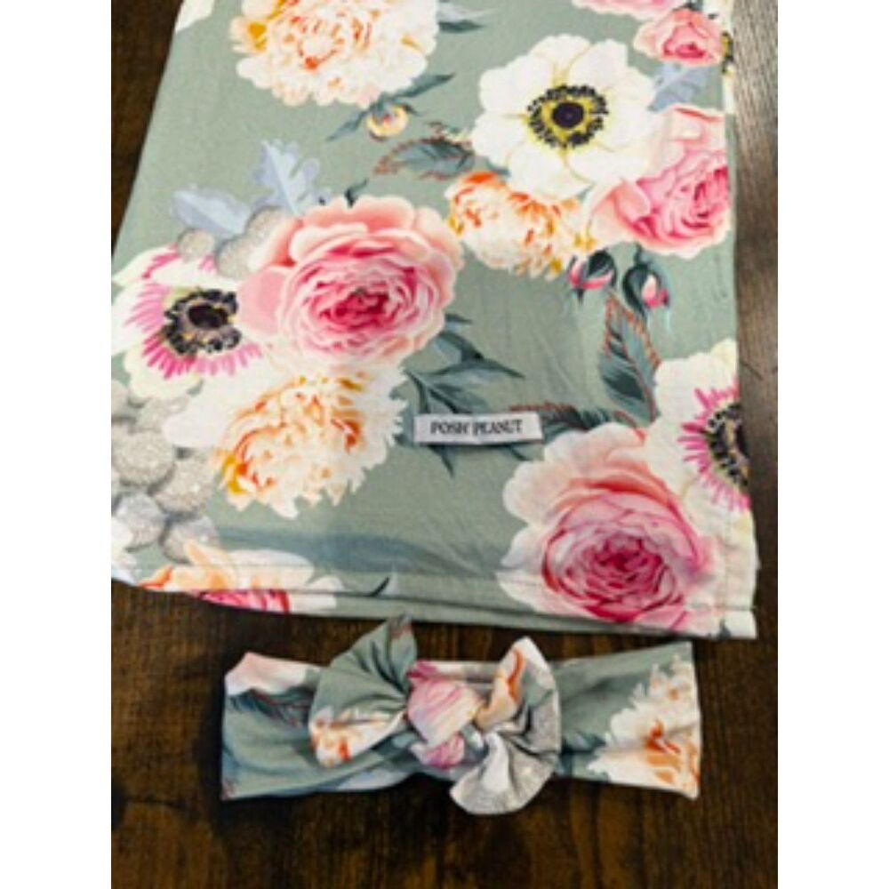 Posh Peanut baby swaddle blanket/matching headband set vintage rose floral